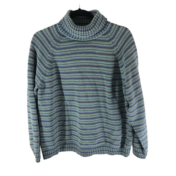 Lands' End Womens Vintage Sweater Mock Neck Cotton Striped Green Blue XL - Picture 1 of 4